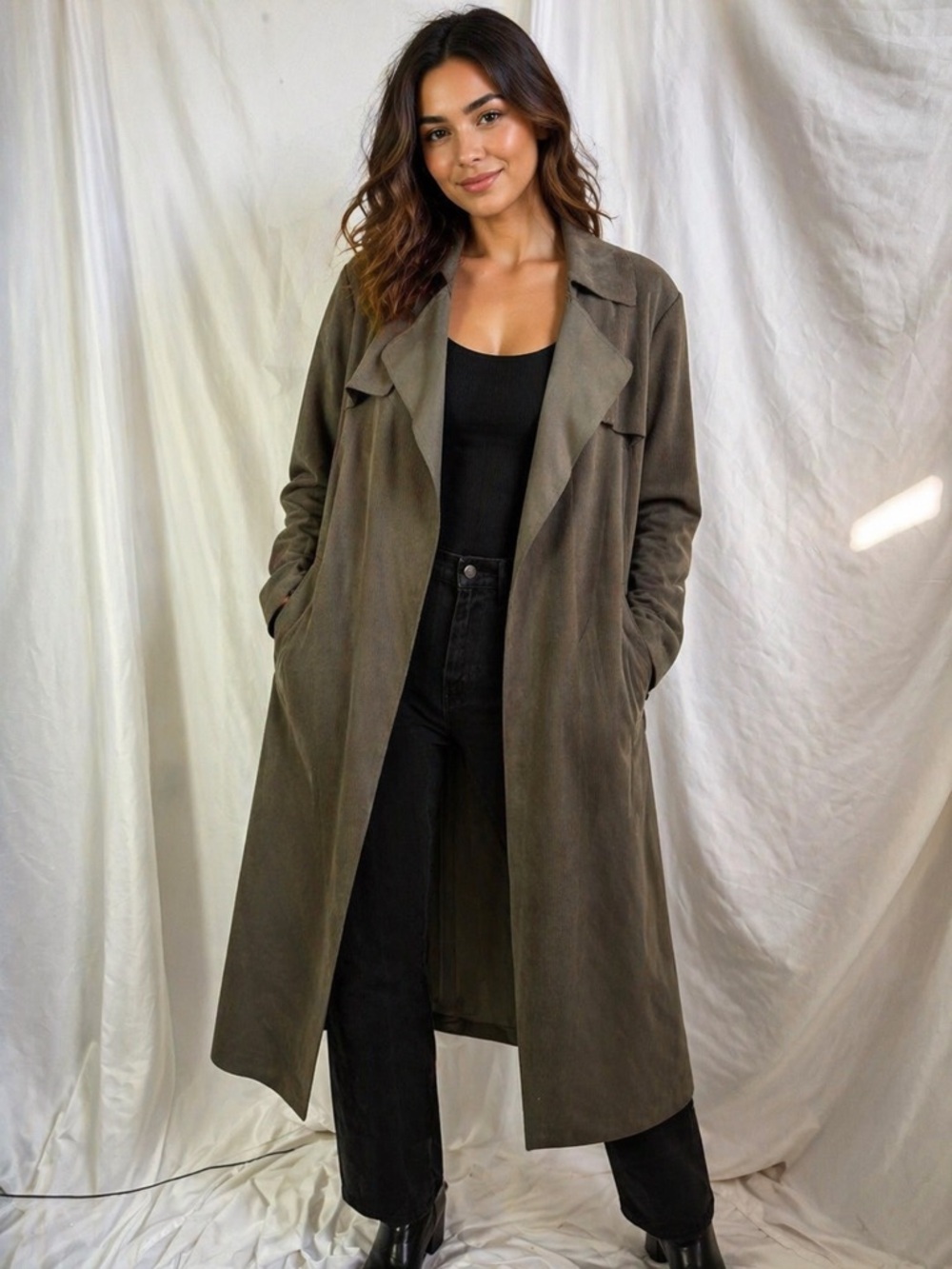 55)Solitaire Olive Waterfall Duster Jacket | Open Front Lightweight Coat. PTP 23